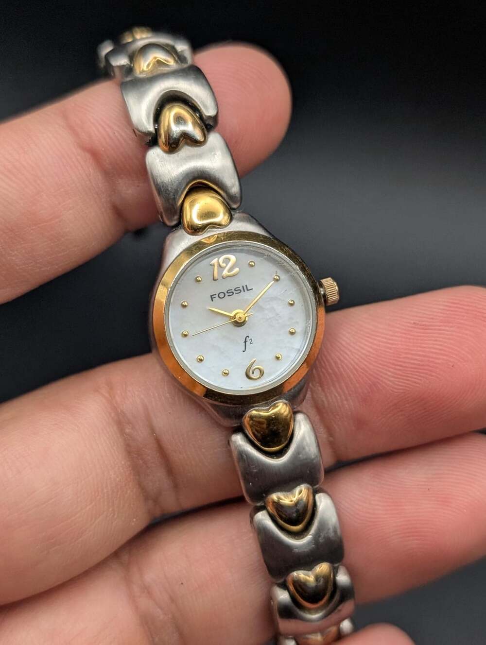 Vintage Fossil F2 Two-Tone Ladies Quartz Watch, Heart Link Bracelet
